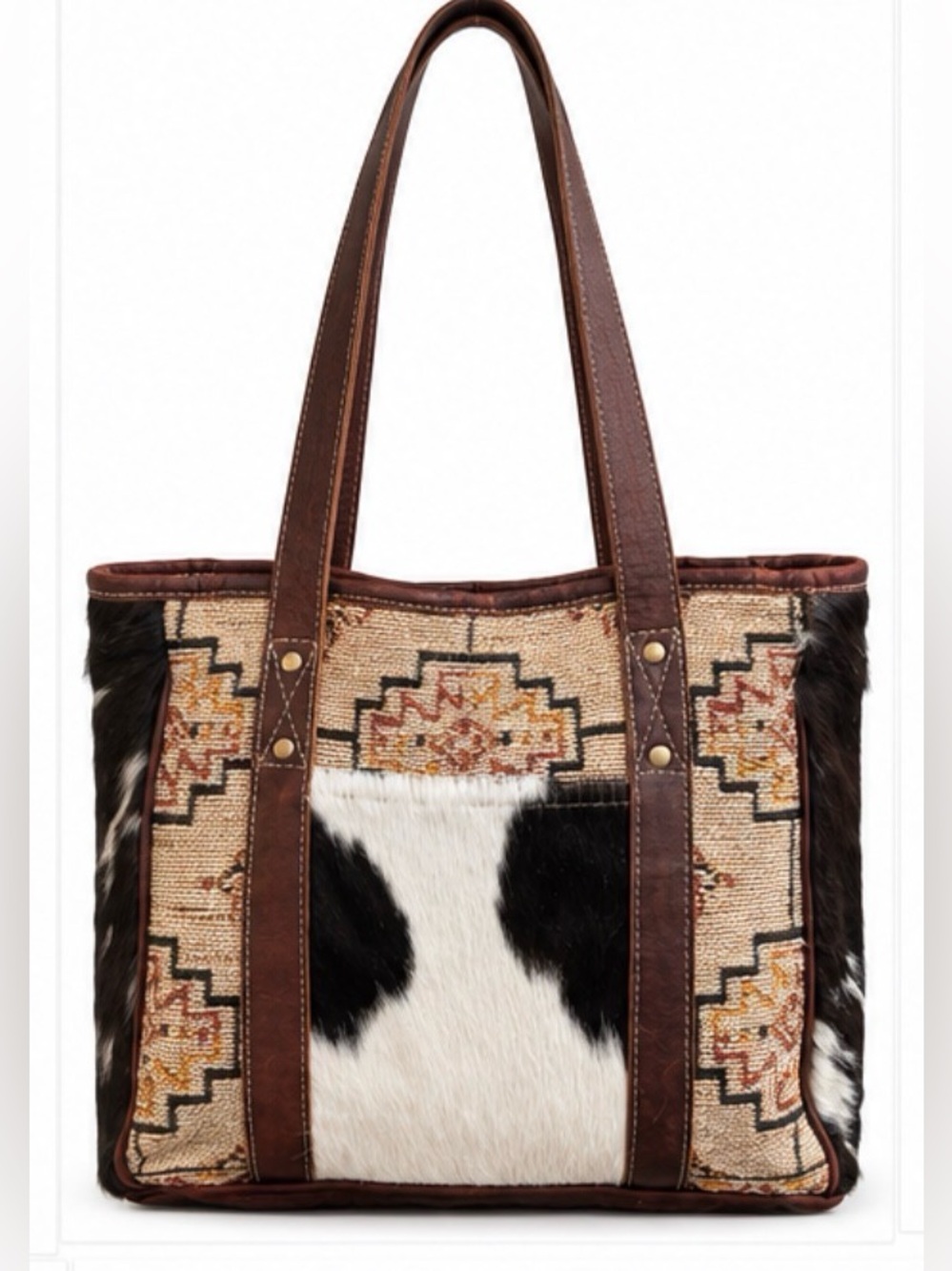 Myra Bag Southwestern Tapestry Hair-On-Hide Leather Tote Bag
